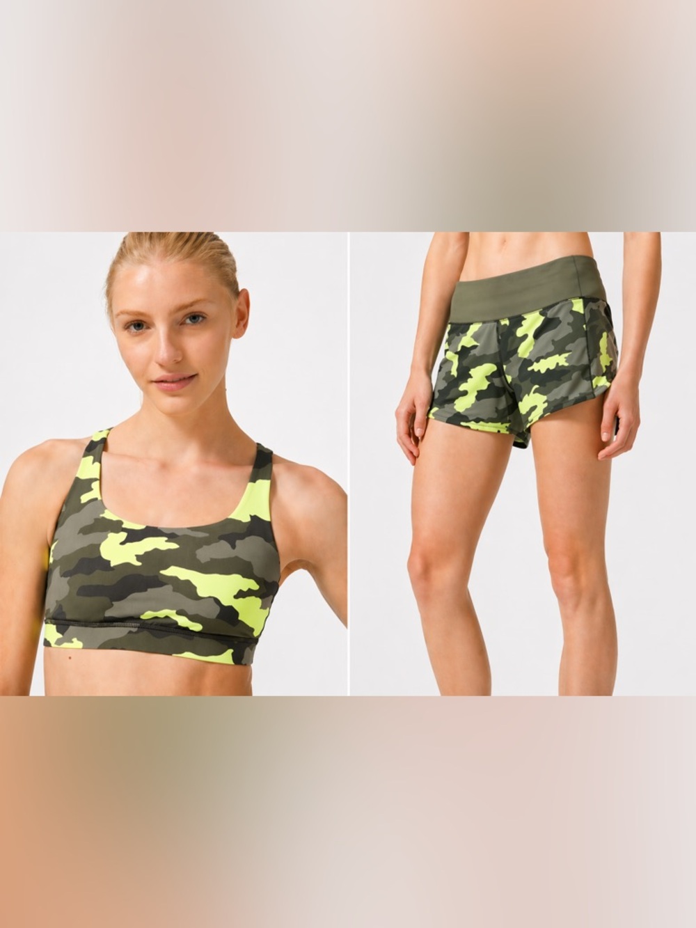 lululemon Heritage 365 Camo Energy Bra - Green Camo and matching shorts set